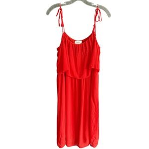 Laundry Red Midi Dress Crinkle Tie Strap Ruffle Overlay Boho Chic Women's Size 6